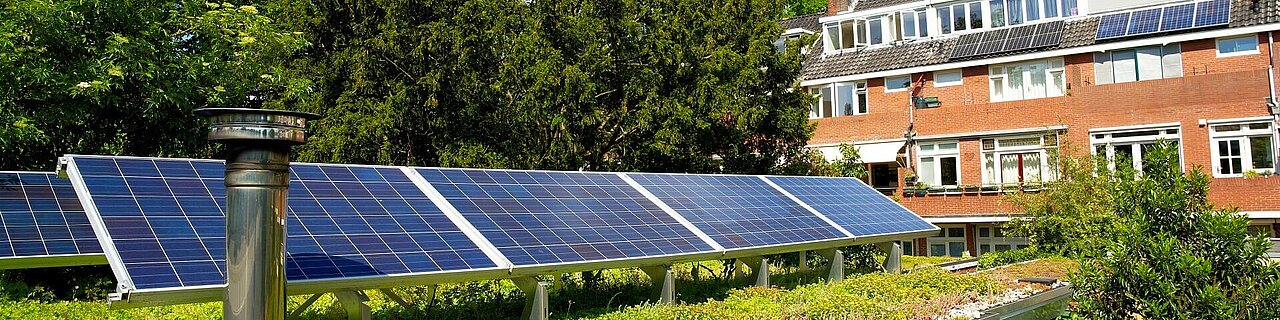 Sonnenkollektoren auf einem Sedum-Grüngarten im Auftrag der Klimaanpassung