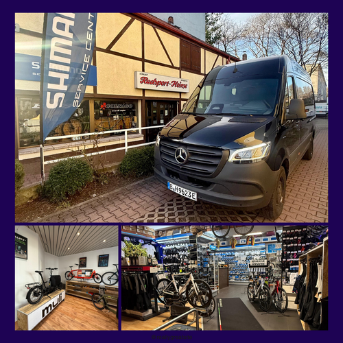 Collage aus drei Bildern: Ein elektrischer PKW und Fahrräder im Fahrradladen.